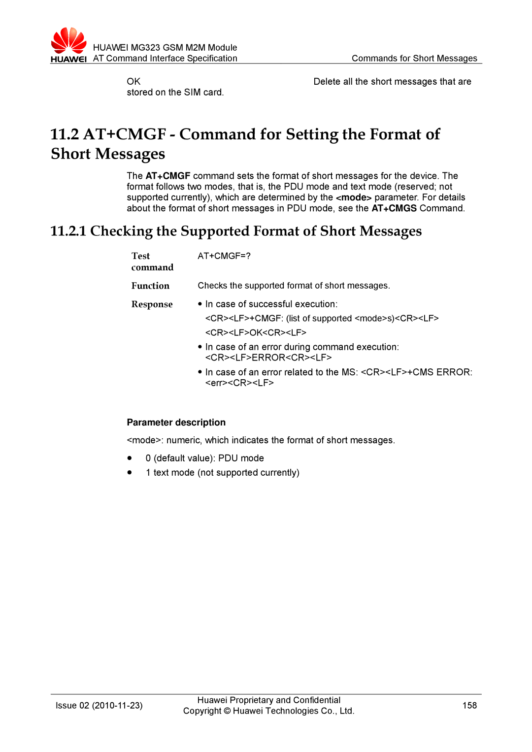 Huawei MG323 manual Checking the Supported Format of Short Messages, Delete all the short messages that are, At+Cmgf=? 