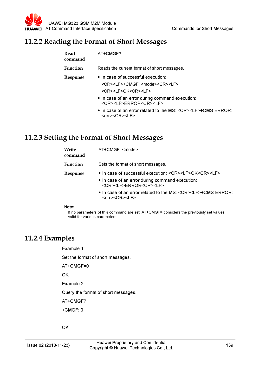 Huawei MG323 manual Reading the Format of Short Messages, Setting the Format of Short Messages, AT+CMGF=0, At+Cmgf? 