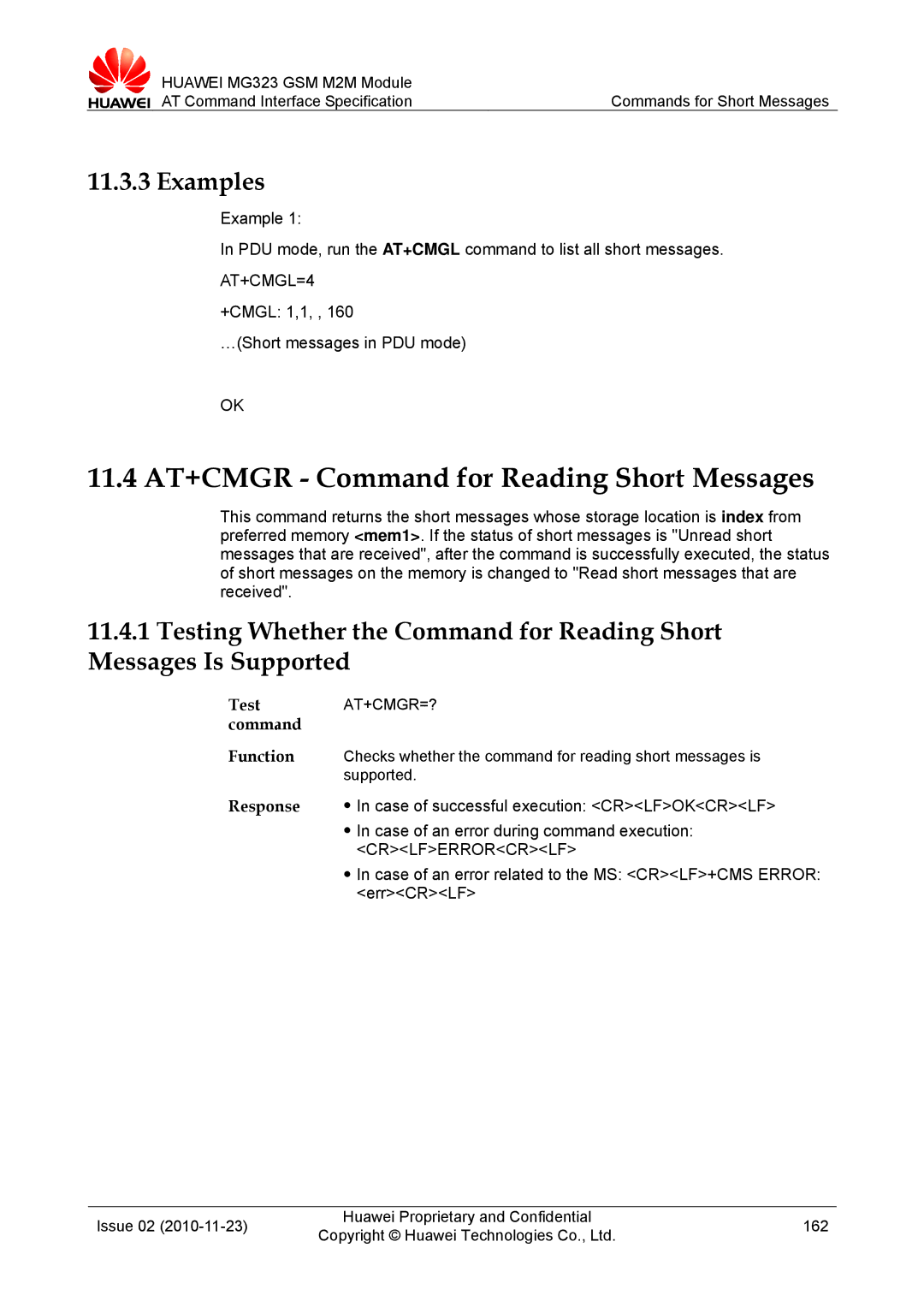 Huawei MG323 11.4 AT+CMGR Command for Reading Short Messages, AT+CMGL=4, +CMGL 1,1 …Short messages in PDU mode, At+Cmgr=? 