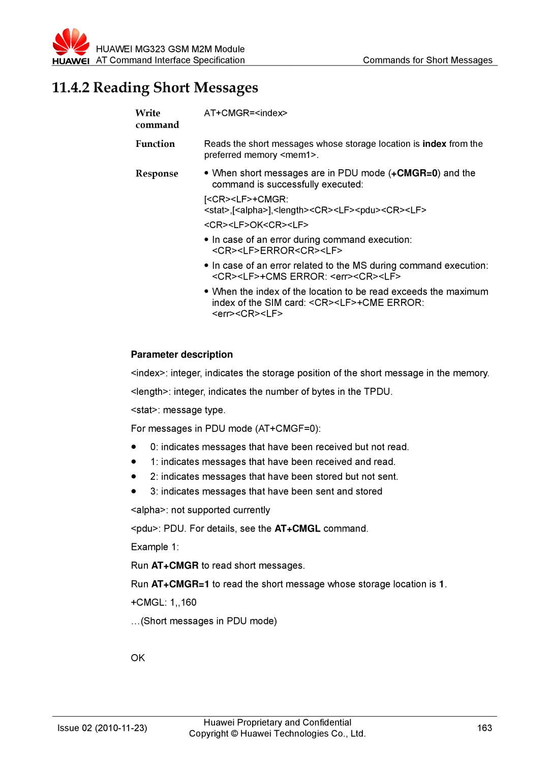 Huawei MG323 manual Reading Short Messages, When short messages are in PDU mode +CMGR=0, CRLF+CMS Error errCRLF, Crlf+Cmgr 