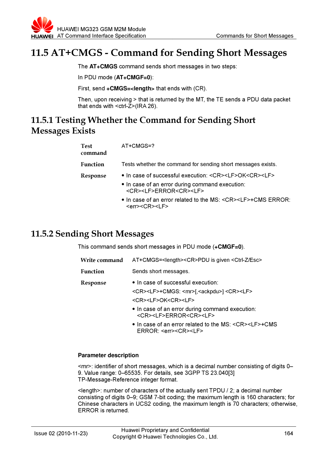 Huawei MG323 manual 11.5 AT+CMGS Command for Sending Short Messages, Test AT+CMGS=? command, Write command 