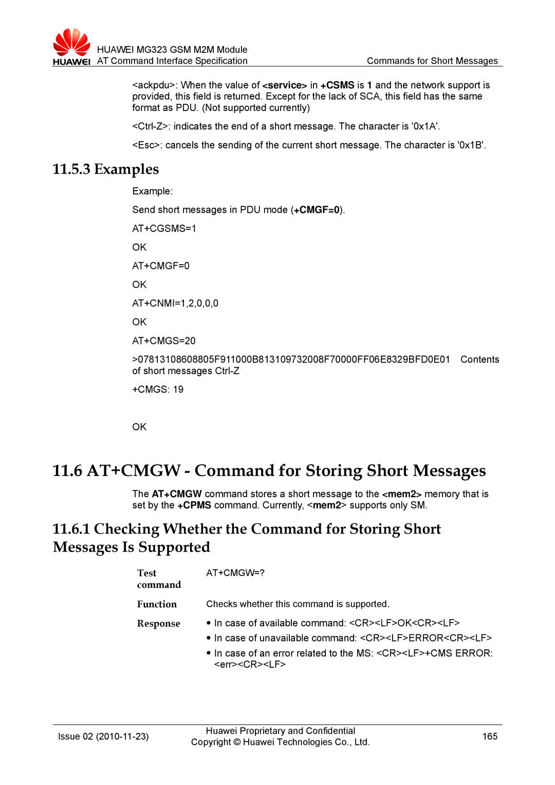 Huawei MG323 manual 11.6 AT+CMGW Command for Storing Short Messages, AT+CGSMS=1 AT+CMGF=0, AT+CMGS=20 