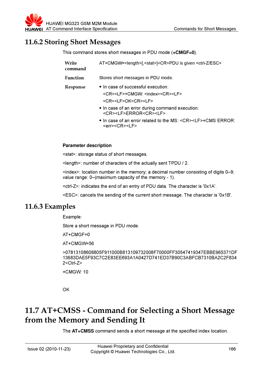 Huawei MG323 manual Storing Short Messages, This command stores short messages in PDU mode +CMGF=0, AT+CMGF=0 AT+CMGW=56 