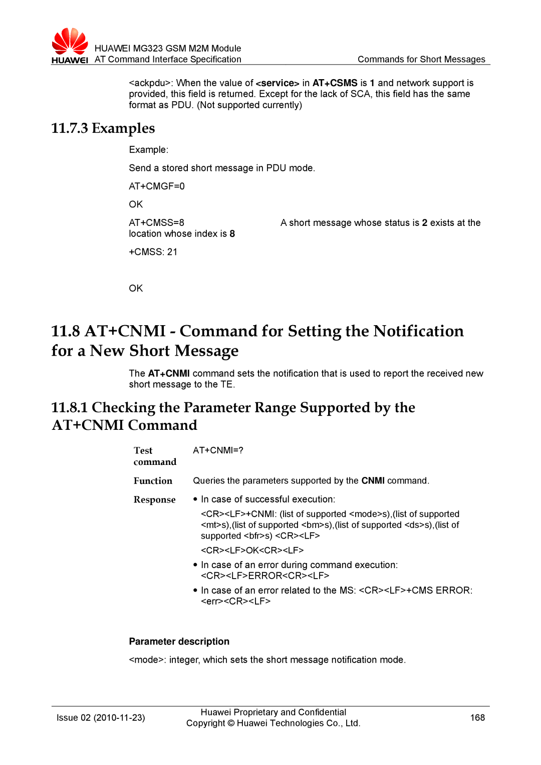 Huawei MG323 manual Example Send a stored short message in PDU mode, AT+CMGF=0 AT+CMSS=8, Location whose index is +CMSS 