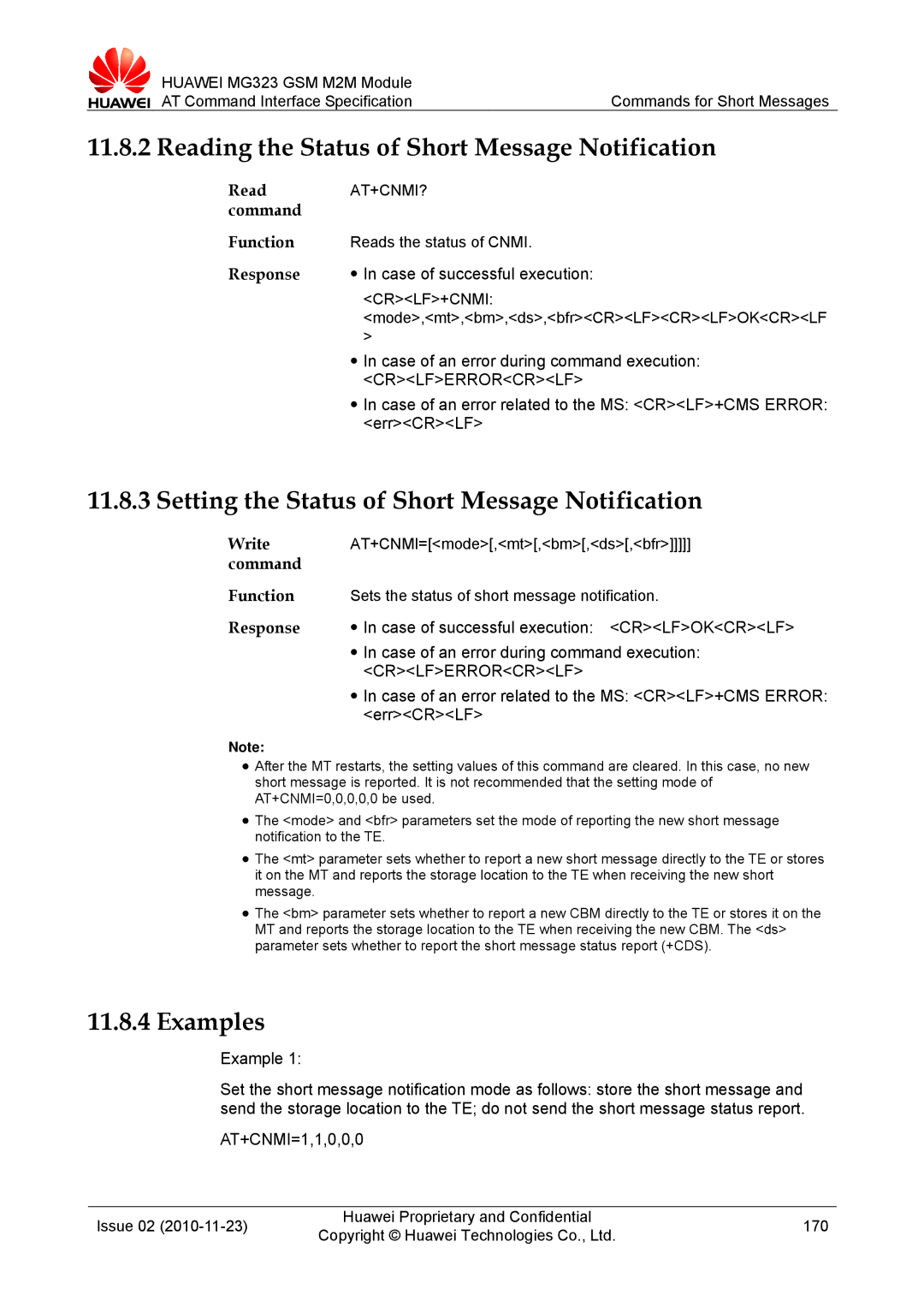 Huawei MG323 Reading the Status of Short Message Notification, Setting the Status of Short Message Notification, Crlf+Cnmi 