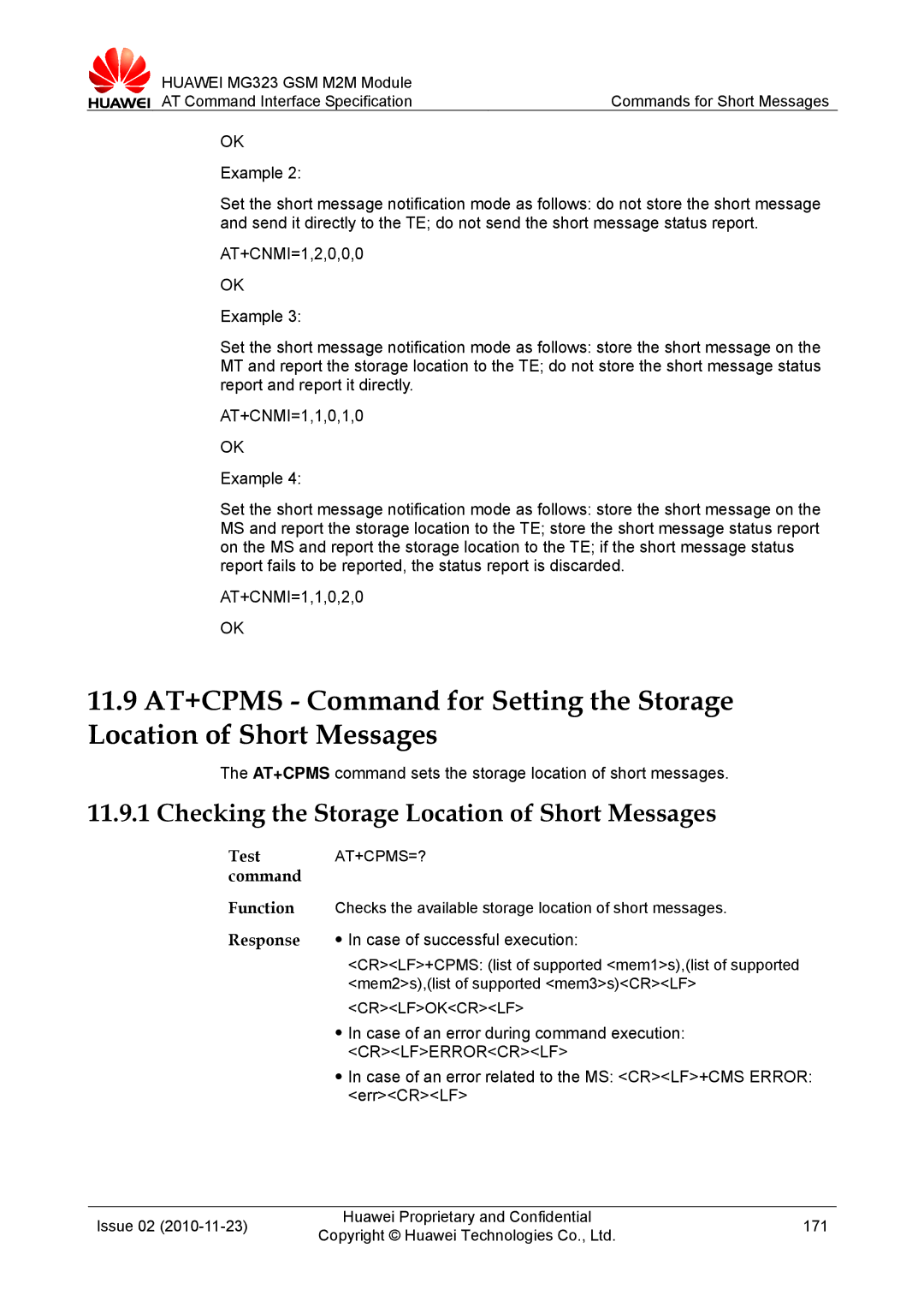 Huawei MG323 Checking the Storage Location of Short Messages, AT+CPMS command sets the storage location of short messages 