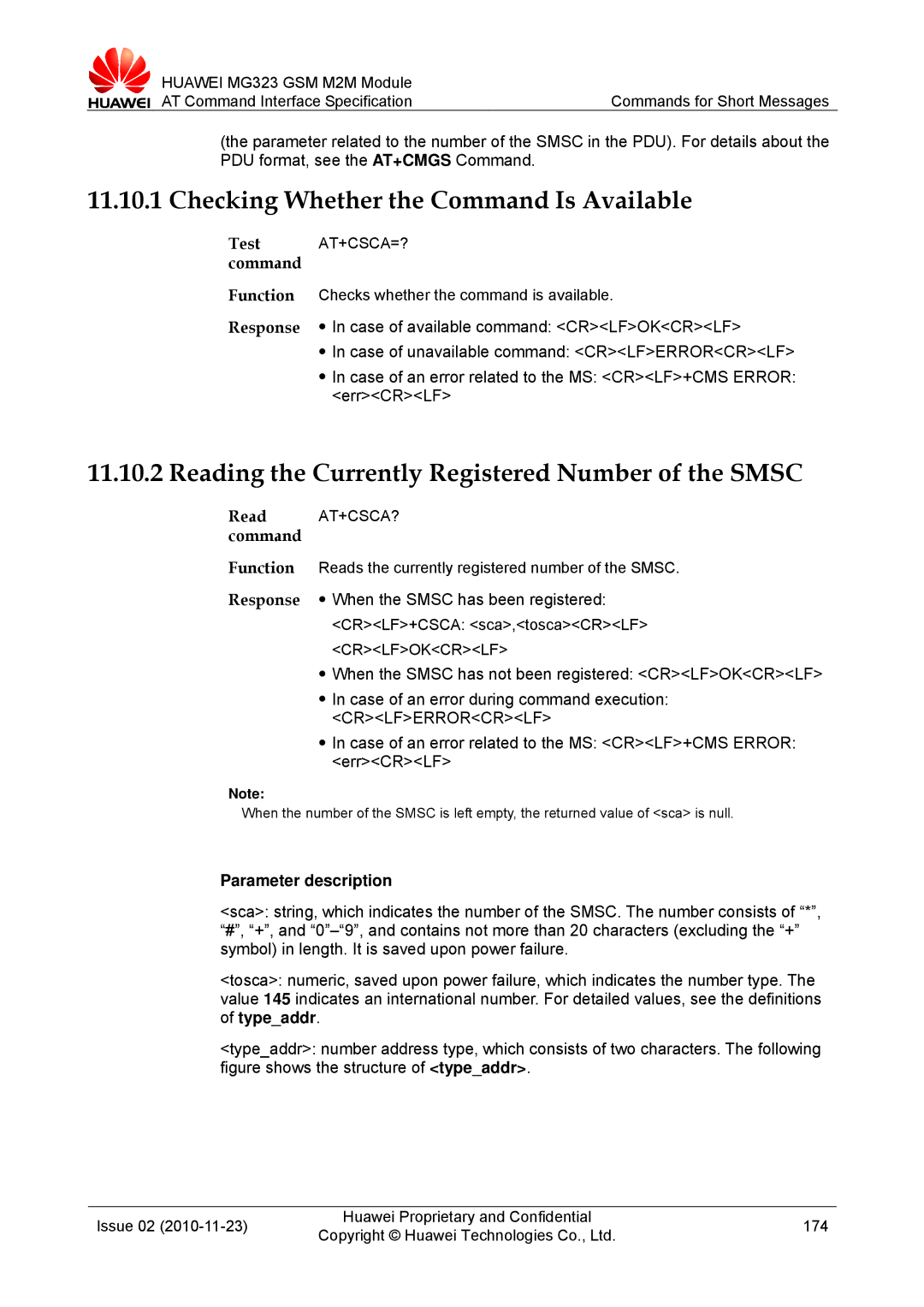 Huawei MG323 manual Checking Whether the Command Is Available, Reading the Currently Registered Number of the Smsc 