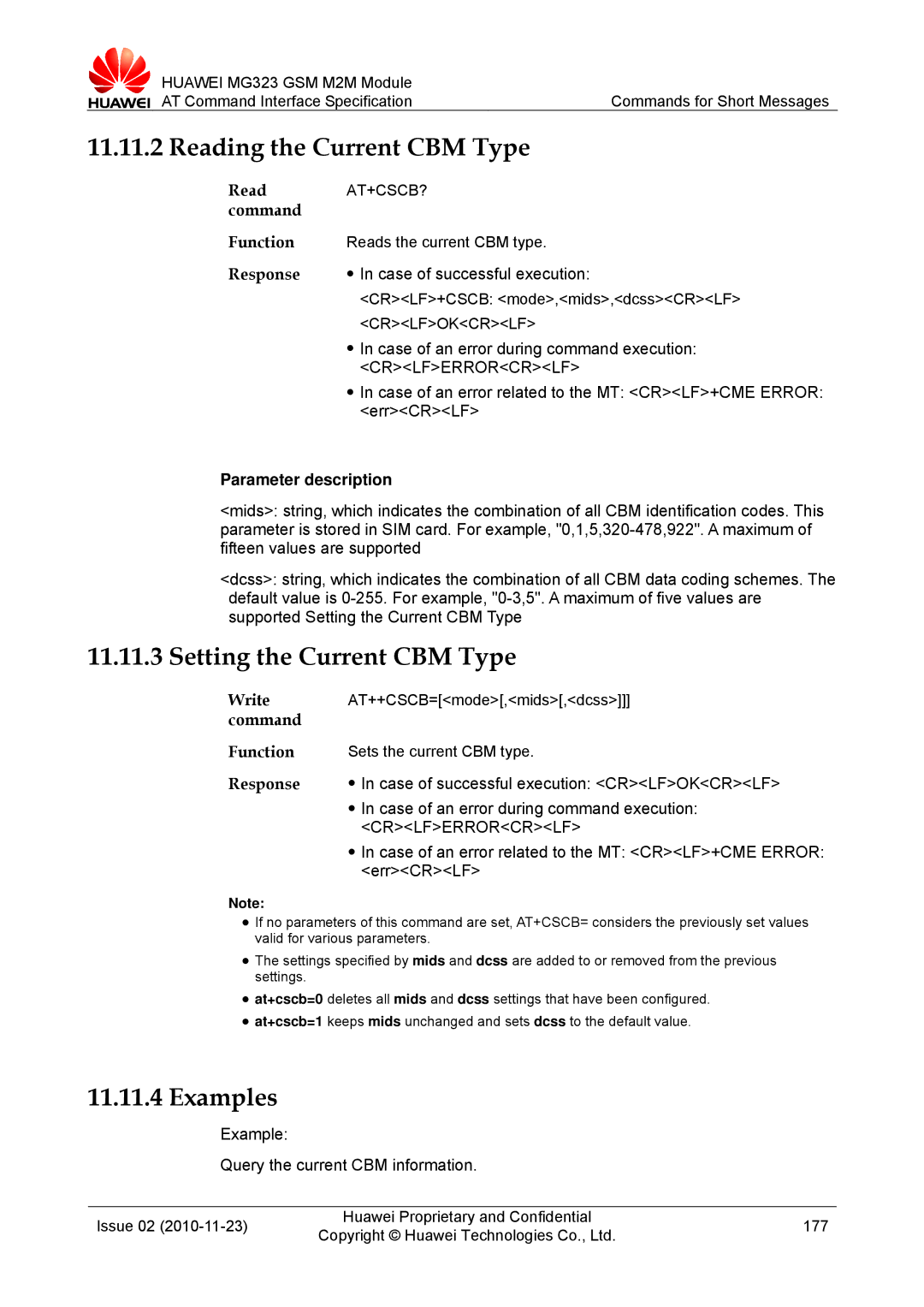 Huawei MG323 manual Reading the Current CBM Type, Setting the Current CBM Type, Example Query the current CBM information 