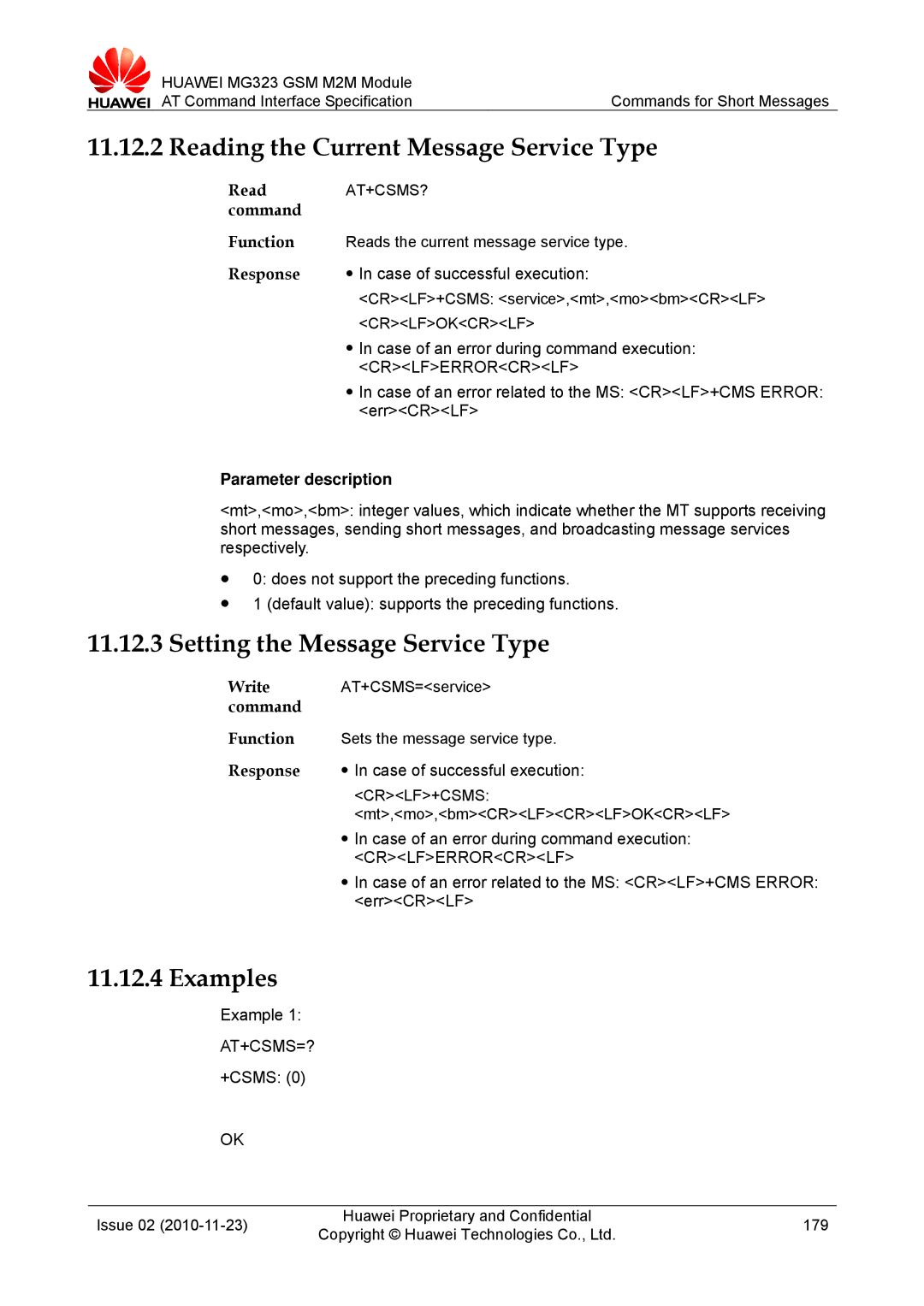 Huawei MG323 Reading the Current Message Service Type, Setting the Message Service Type, Example AT+CSMS=? +CSMS, At+Csms? 