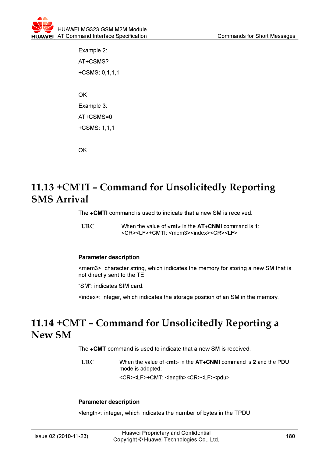 Huawei MG323 manual 11.13 +CMTI Command for Unsolicitedly Reporting SMS Arrival 