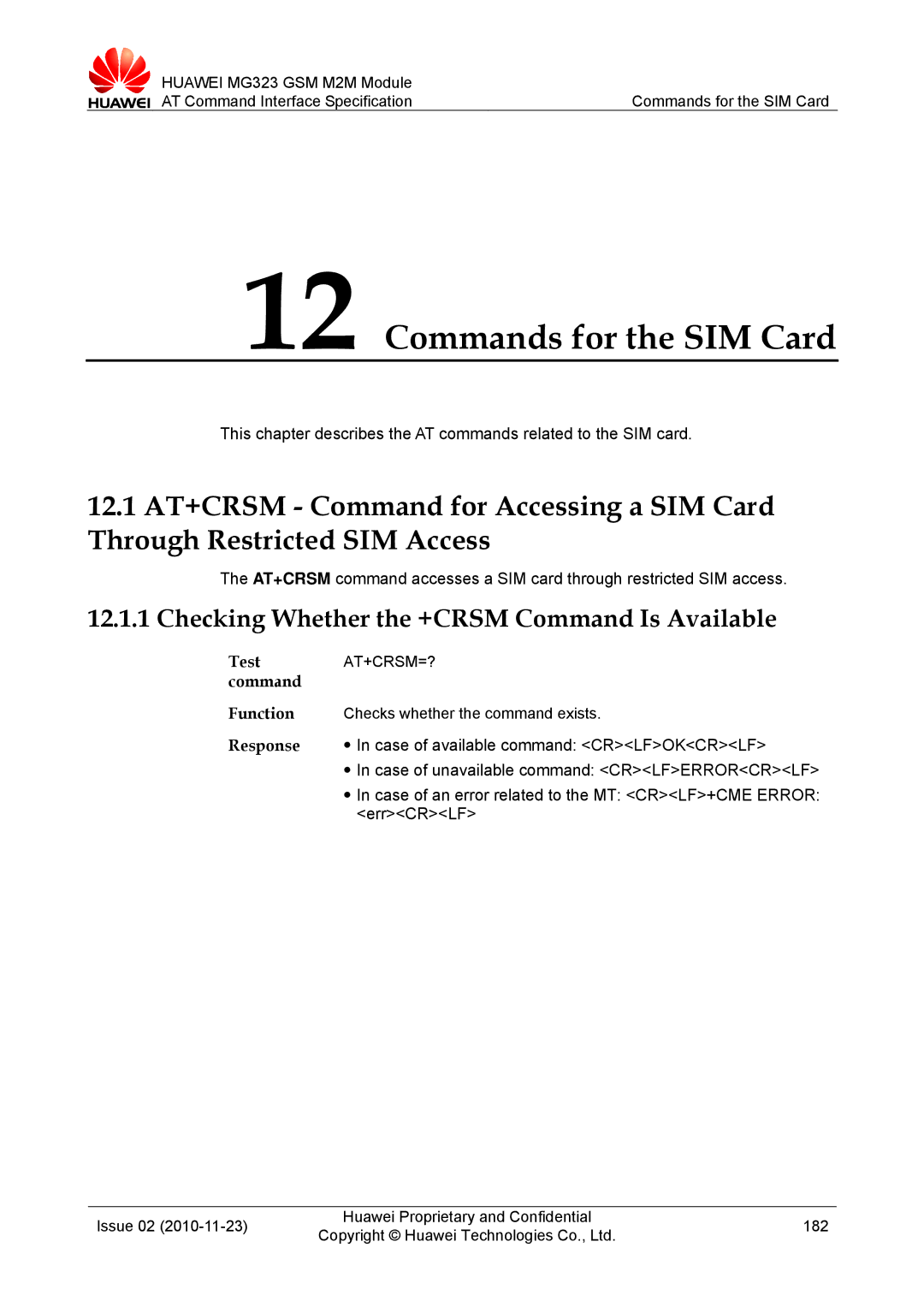 Huawei MG323 manual Commands for the SIM Card, Checking Whether the +CRSM Command Is Available, At+Crsm=? 