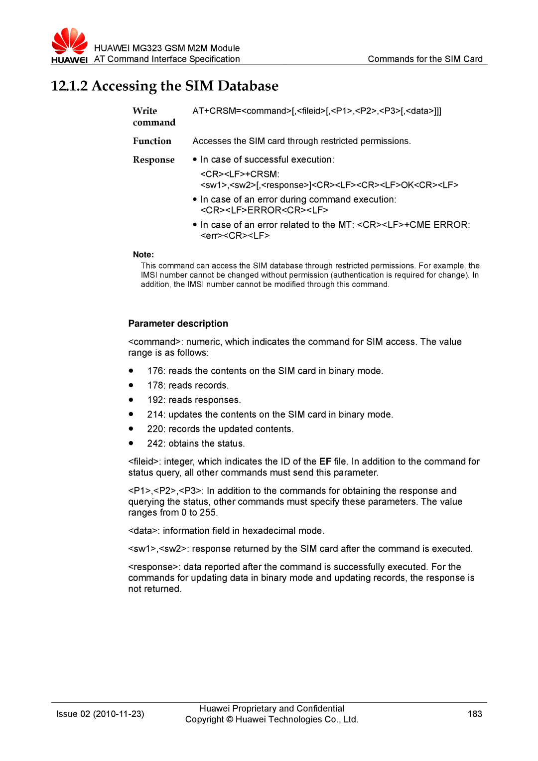 Huawei MG323 manual Accessing the SIM Database, Crlf+Crsm 