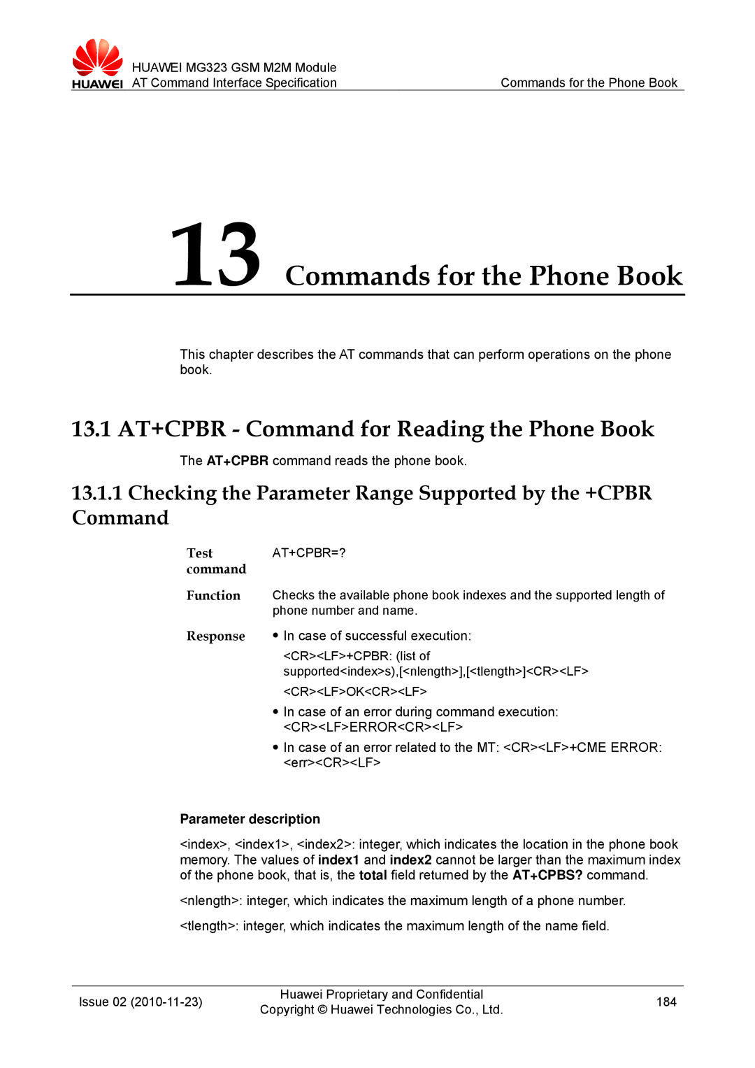 Huawei MG323 manual Commands for the Phone Book, 13.1 AT+CPBR Command for Reading the Phone Book, At+Cpbr=? 