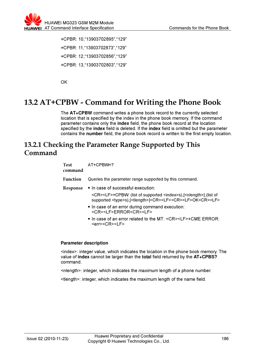 Huawei MG323 manual 13.2 AT+CPBW Command for Writing the Phone Book, Checking the Parameter Range Supported by This Command 