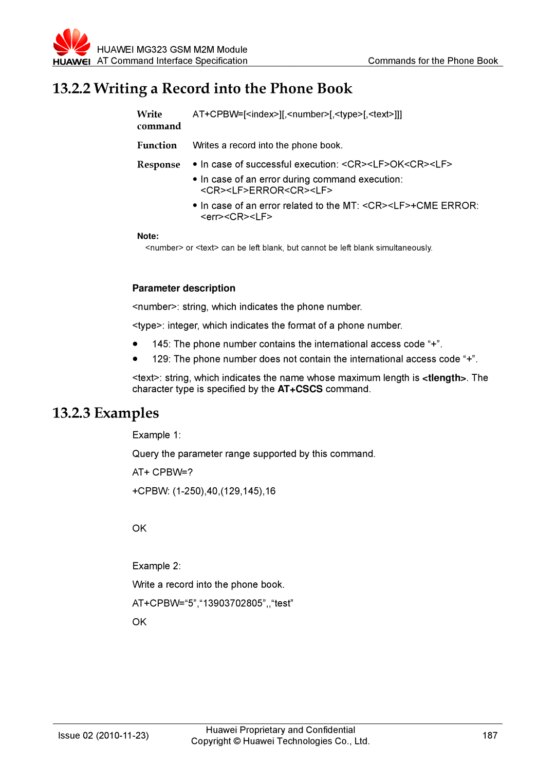 Huawei MG323 Writing a Record into the Phone Book, Example Query the parameter range supported by this command, At+ Cpbw=? 