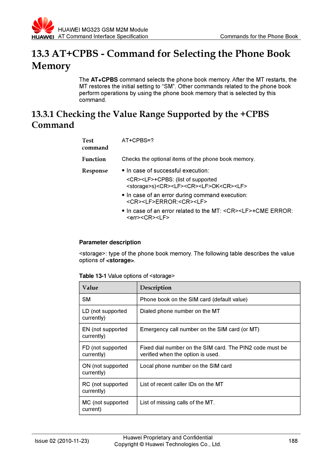 Huawei MG323 manual 13.3 AT+CPBS Command for Selecting the Phone Book Memory, At+Cpbs=? 