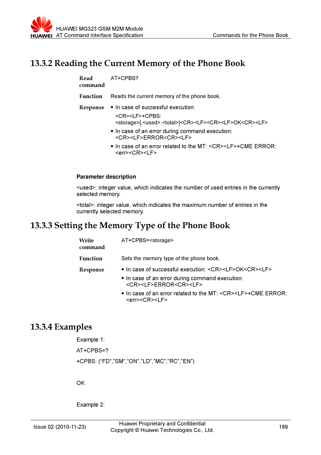 Huawei MG323 Reading the Current Memory of the Phone Book, Setting the Memory Type of the Phone Book, At+Cpbs=?, Crlf+Cpbs 