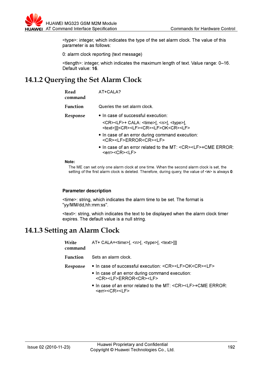 Huawei MG323 manual Querying the Set Alarm Clock, Setting an Alarm Clock, At+Cala? 