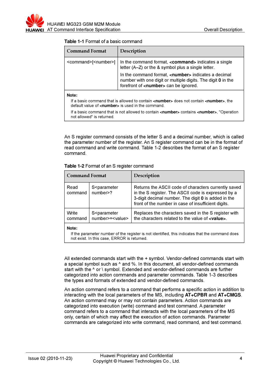 Huawei MG323 manual 1Format of a basic command, Command Format Description 