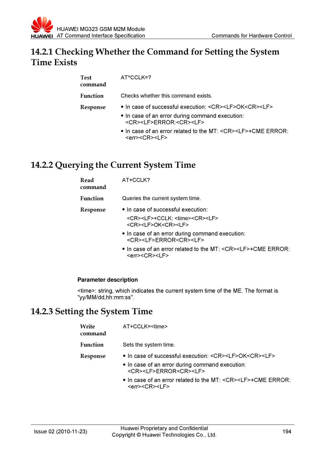 Huawei MG323 manual Querying the Current System Time, Setting the System Time, Test ATCCLK=? command, At+Cclk? 