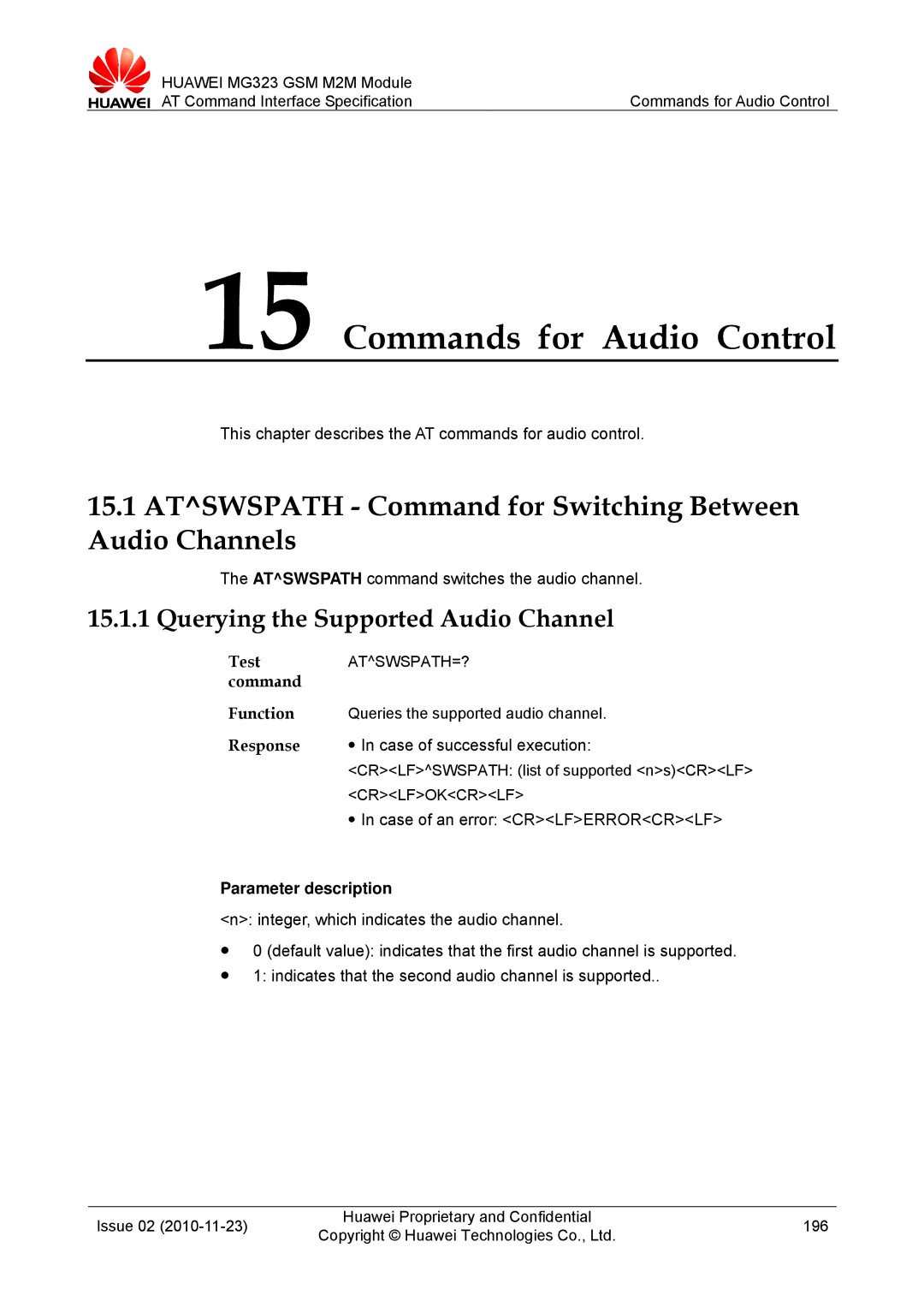 Huawei MG323 manual Commands for Audio Control, Atswspath Command for Switching Between Audio Channels 