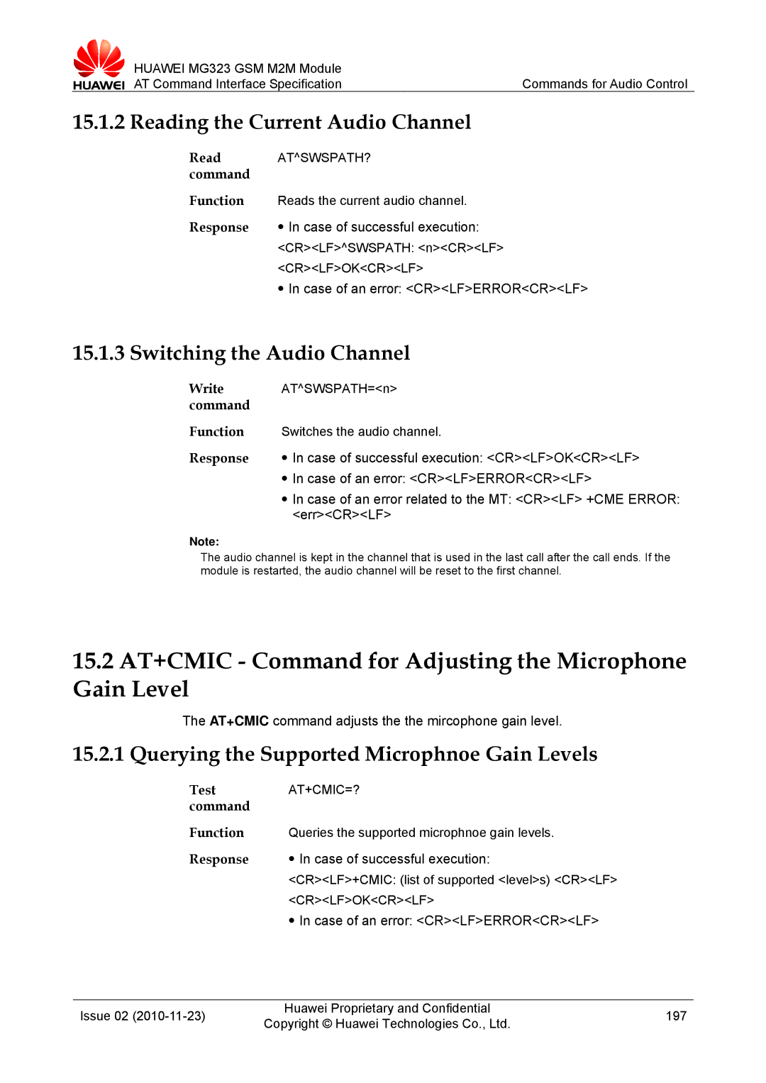 Huawei MG323 Reading the Current Audio Channel, Switching the Audio Channel, Querying the Supported Microphnoe Gain Levels 