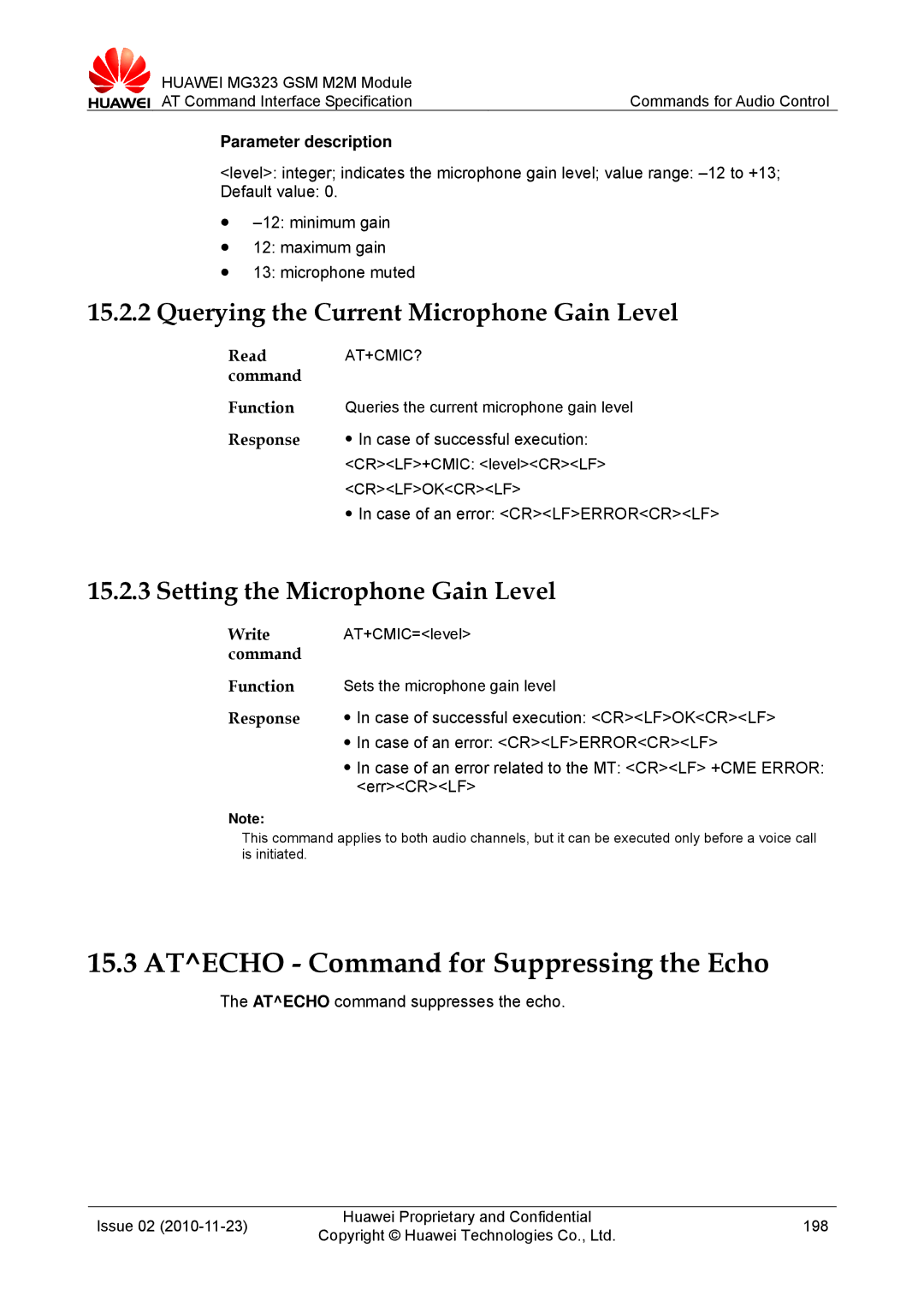 Huawei MG323 manual Atecho Command for Suppressing the Echo, Querying the Current Microphone Gain Level, At+Cmic? 