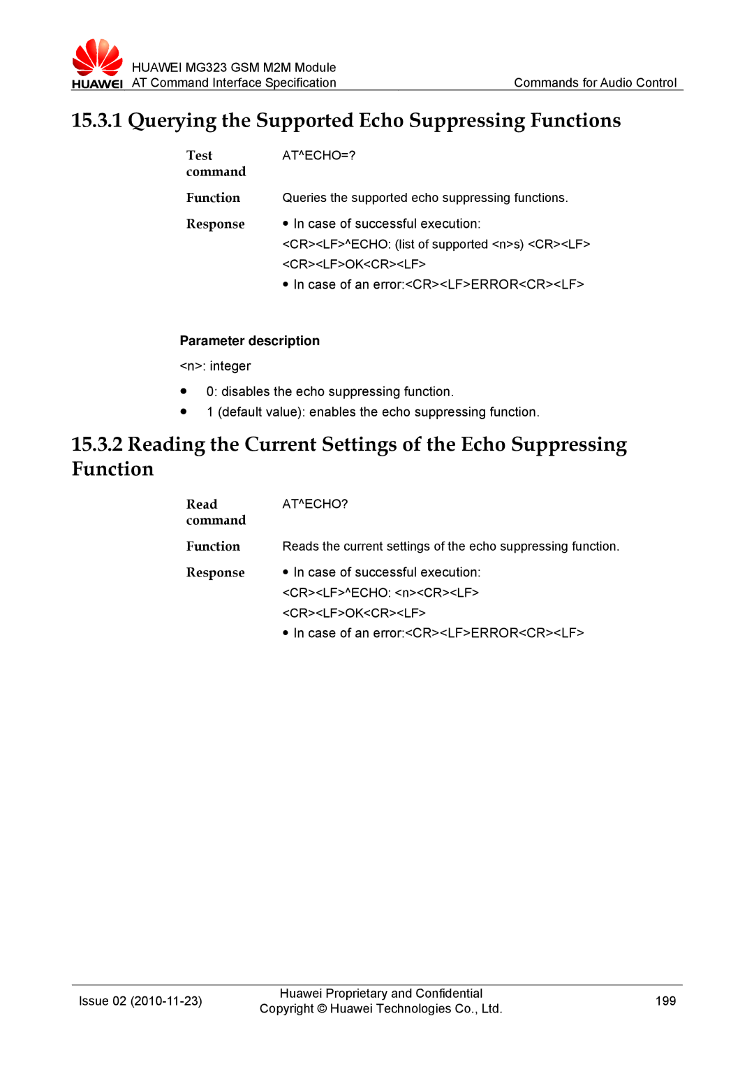 Huawei MG323 manual Querying the Supported Echo Suppressing Functions, Case of an errorCRLFERRORCRLF, Atecho=?, Atecho? 