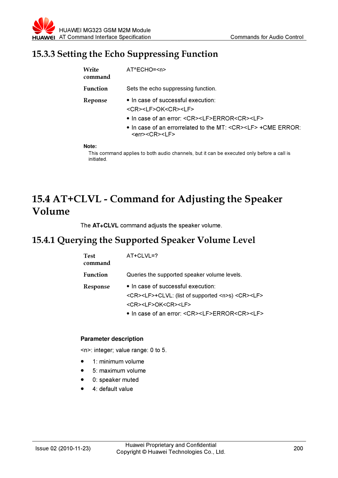 Huawei MG323 manual 15.4 AT+CLVL Command for Adjusting the Speaker Volume, Setting the Echo Suppressing Function, Reponse 