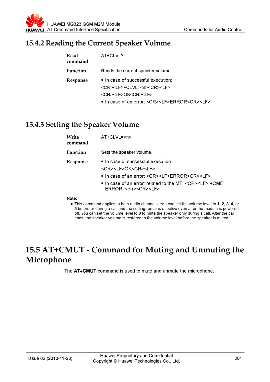 Huawei MG323 15.5 AT+CMUT Command for Muting and Unmuting the Microphone, Reading the Current Speaker Volume, At+Clvl? 