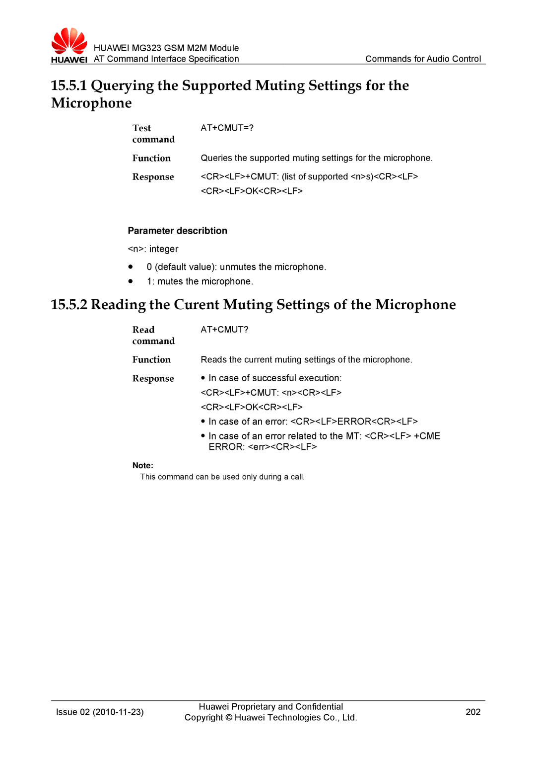 Huawei MG323 manual Querying the Supported Muting Settings for the Microphone, Test AT+CMUT=? command, At+Cmut? 