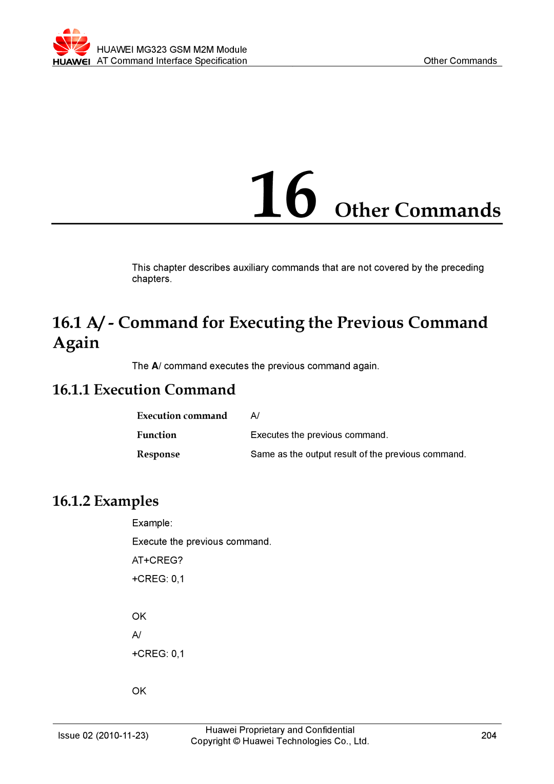 Huawei MG323 manual Other Commands, 16.1 A/ Command for Executing the Previous Command Again, Execution Command 