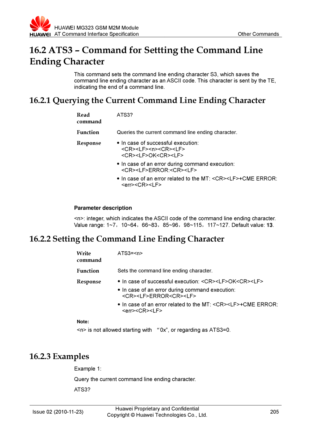 Huawei MG323 manual Querying the Current Command Line Ending Character, Setting the Command Line Ending Character, ATS3? 