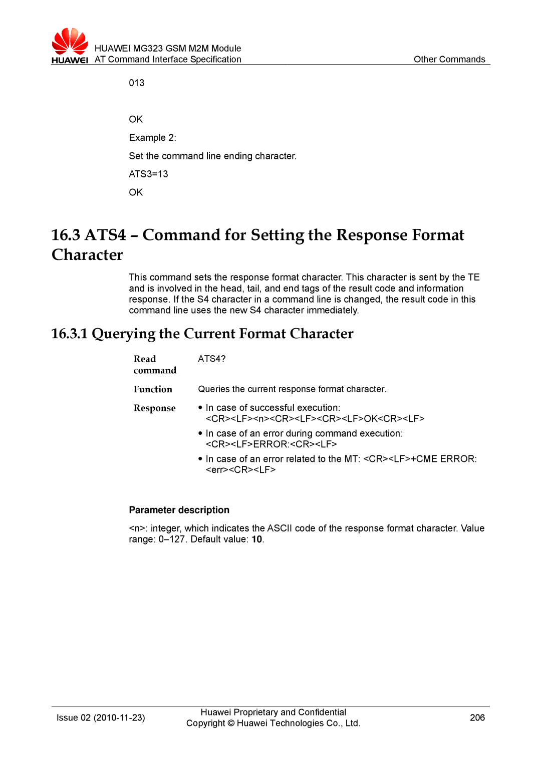 Huawei MG323 16.3 ATS4 Command for Setting the Response Format Character, Querying the Current Format Character, ATS4? 