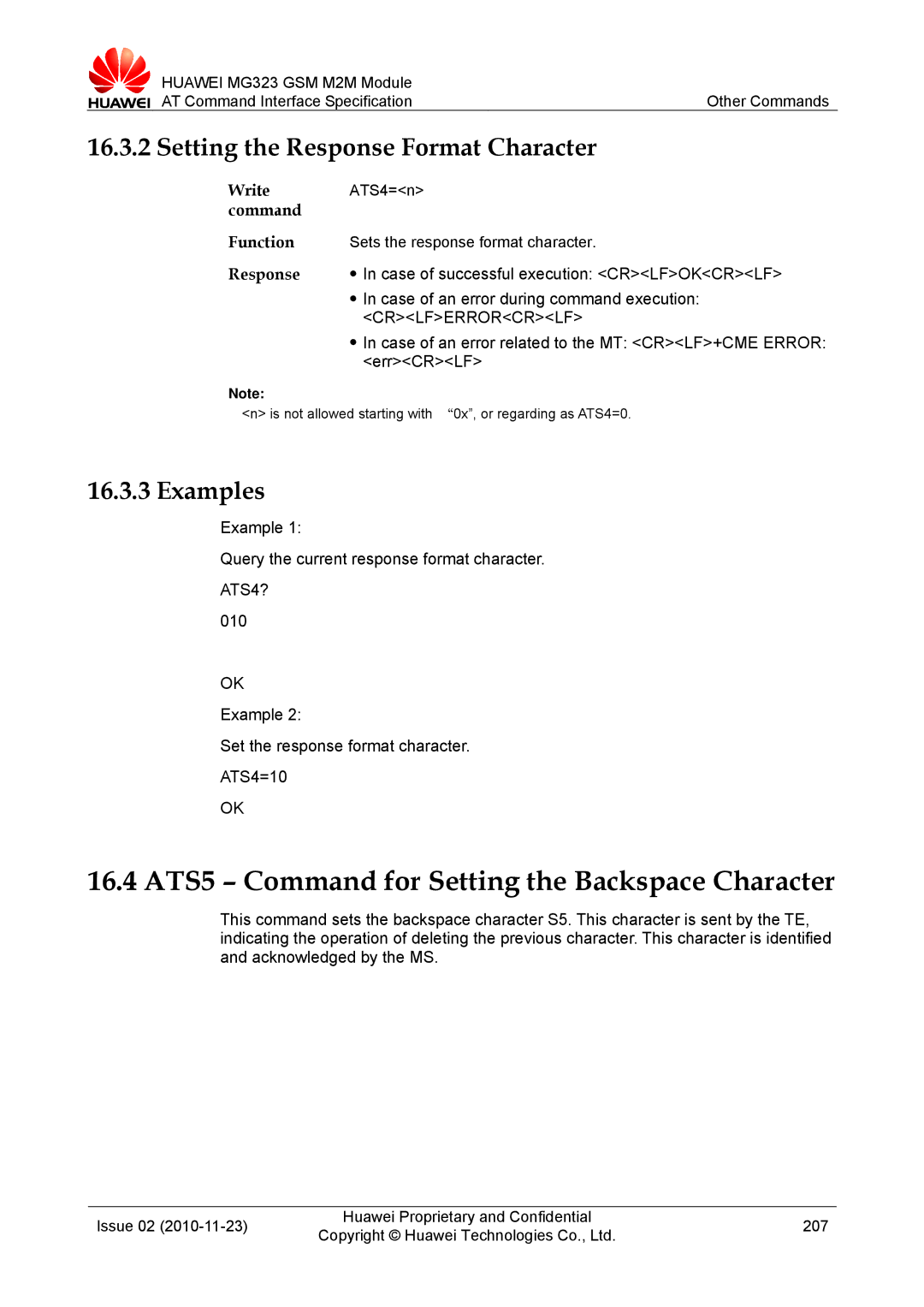 Huawei MG323 manual 16.4 ATS5 Command for Setting the Backspace Character, Setting the Response Format Character, ATS4? 