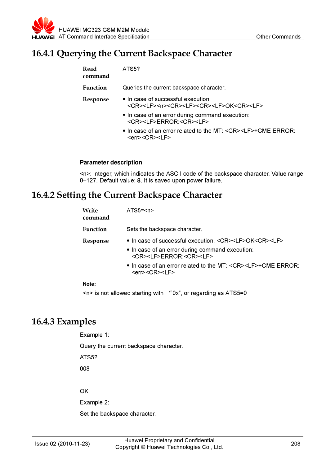 Huawei MG323 manual Querying the Current Backspace Character, Setting the Current Backspace Character, ATS5? 