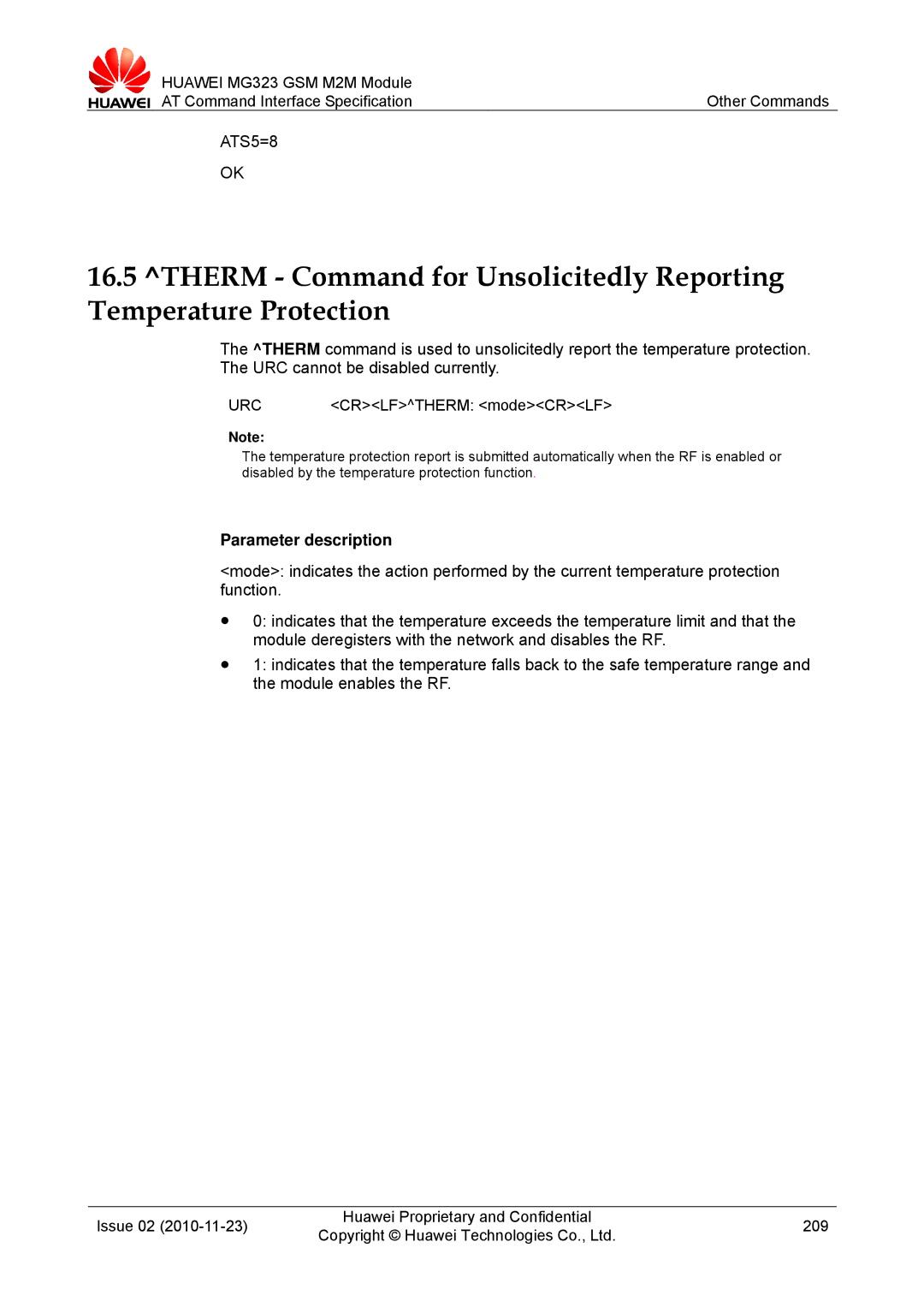 Huawei MG323 manual ATS5=8, Crlftherm modeCRLF 