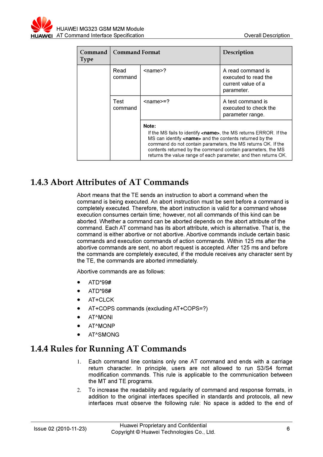 Huawei MG323 manual Abort Attributes of AT Commands, Rules for Running AT Commands 