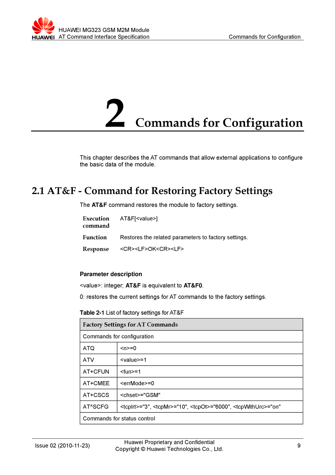 Huawei MG323 manual Commands for Configuration, AT&F Command for Restoring Factory Settings 