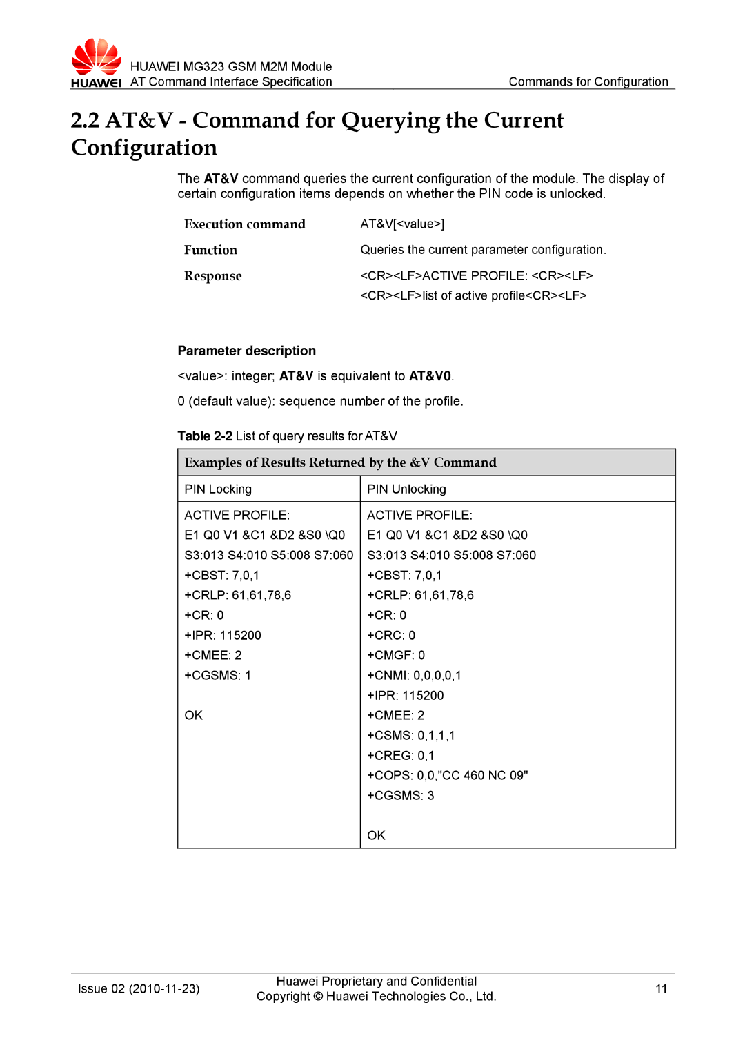 Huawei MG323 manual AT&V Command for Querying the Current Configuration, Execution command 