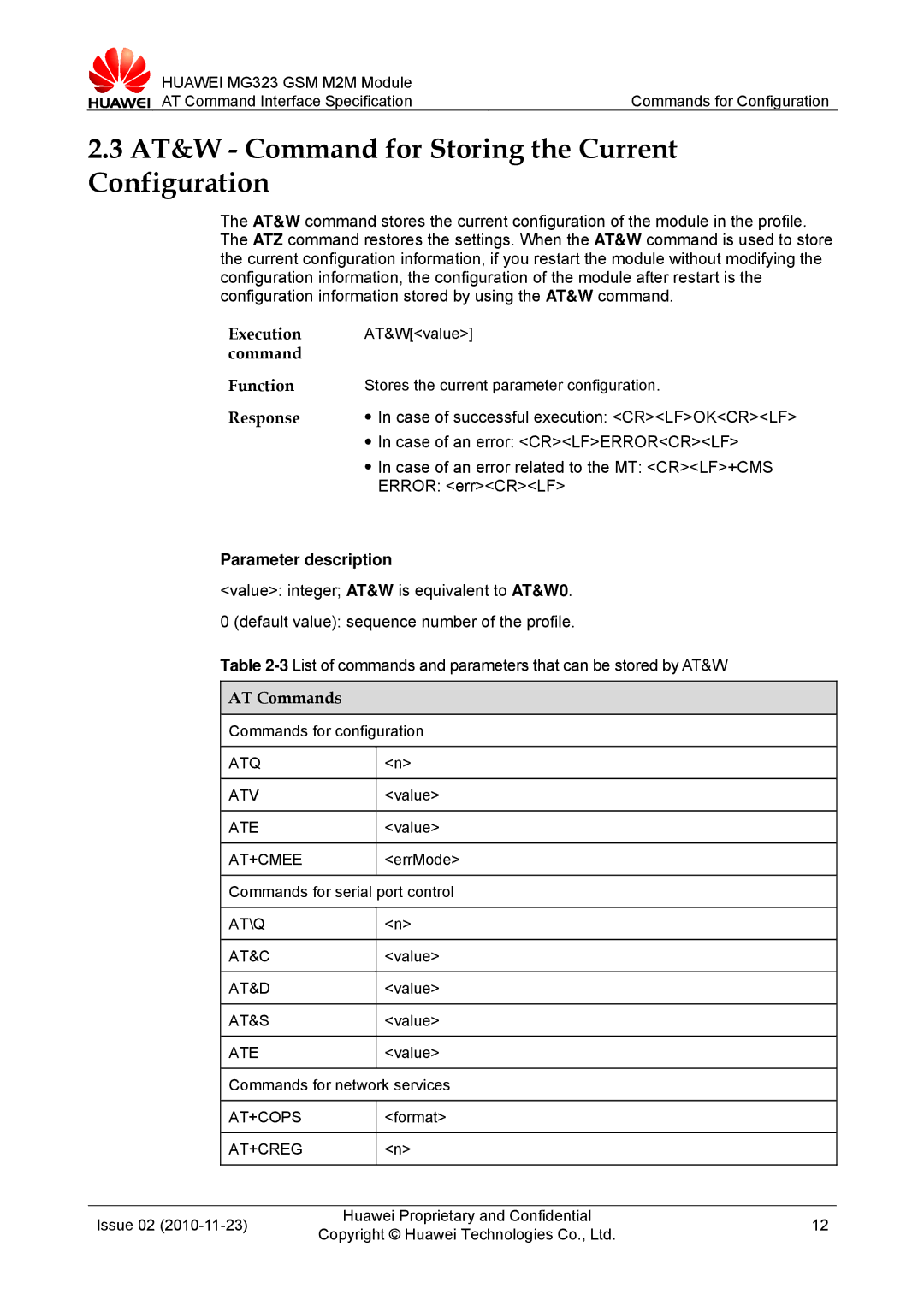 Huawei MG323 manual AT&W Command for Storing the Current Configuration, Error errCRLF, AT Commands 