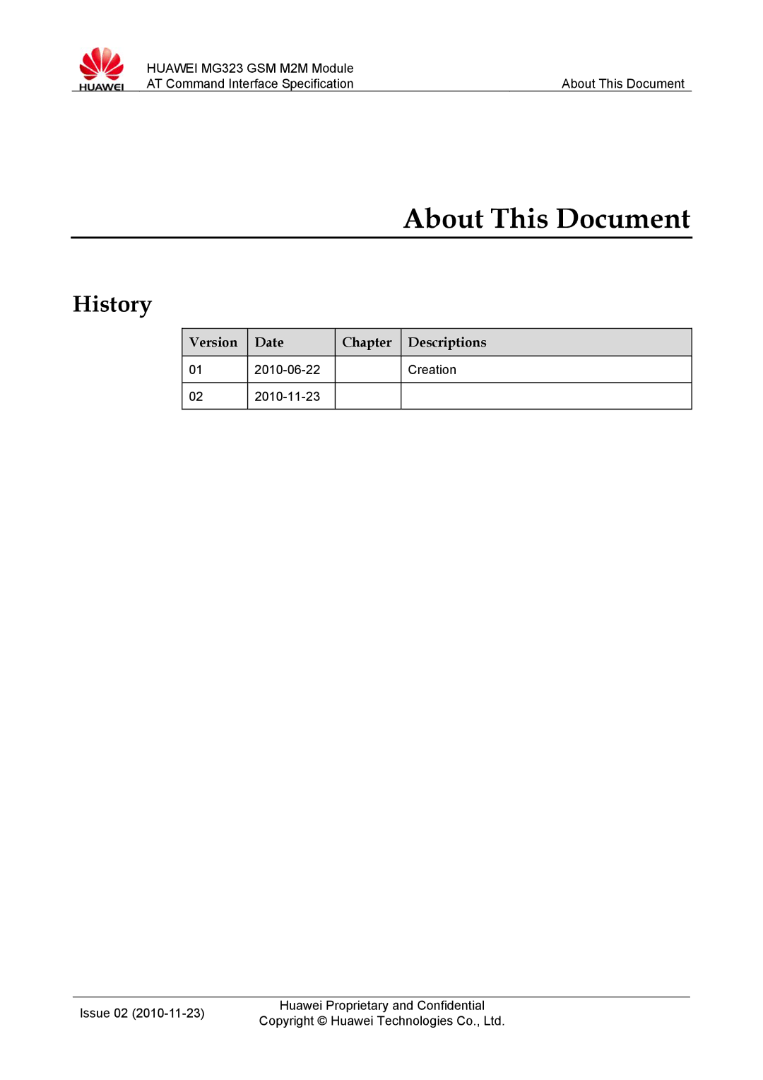 Huawei MG323 manual About This Document, History, Version Date Chapter Descriptions 