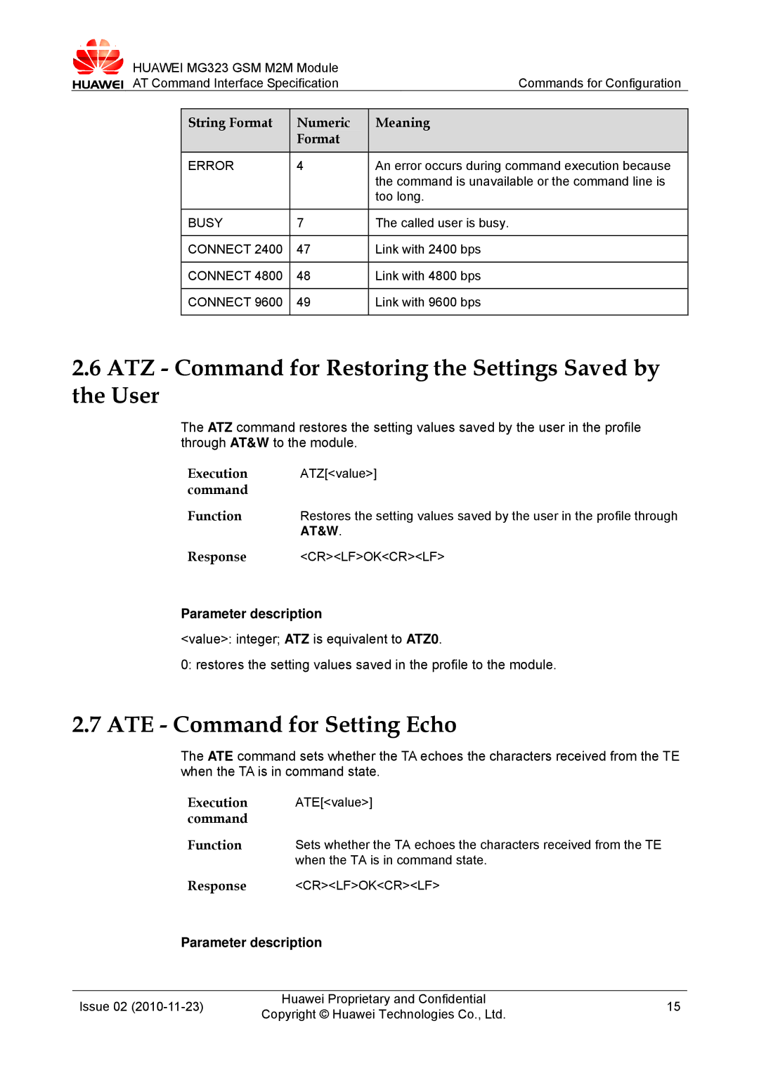 Huawei MG323 manual ATZ Command for Restoring the Settings Saved by the User, ATE Command for Setting Echo, Error, Busy 