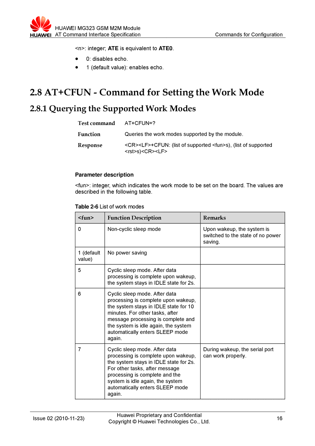 Huawei MG323 manual AT+CFUN Command for Setting the Work Mode, Querying the Supported Work Modes, Test command, At+Cfun=? 