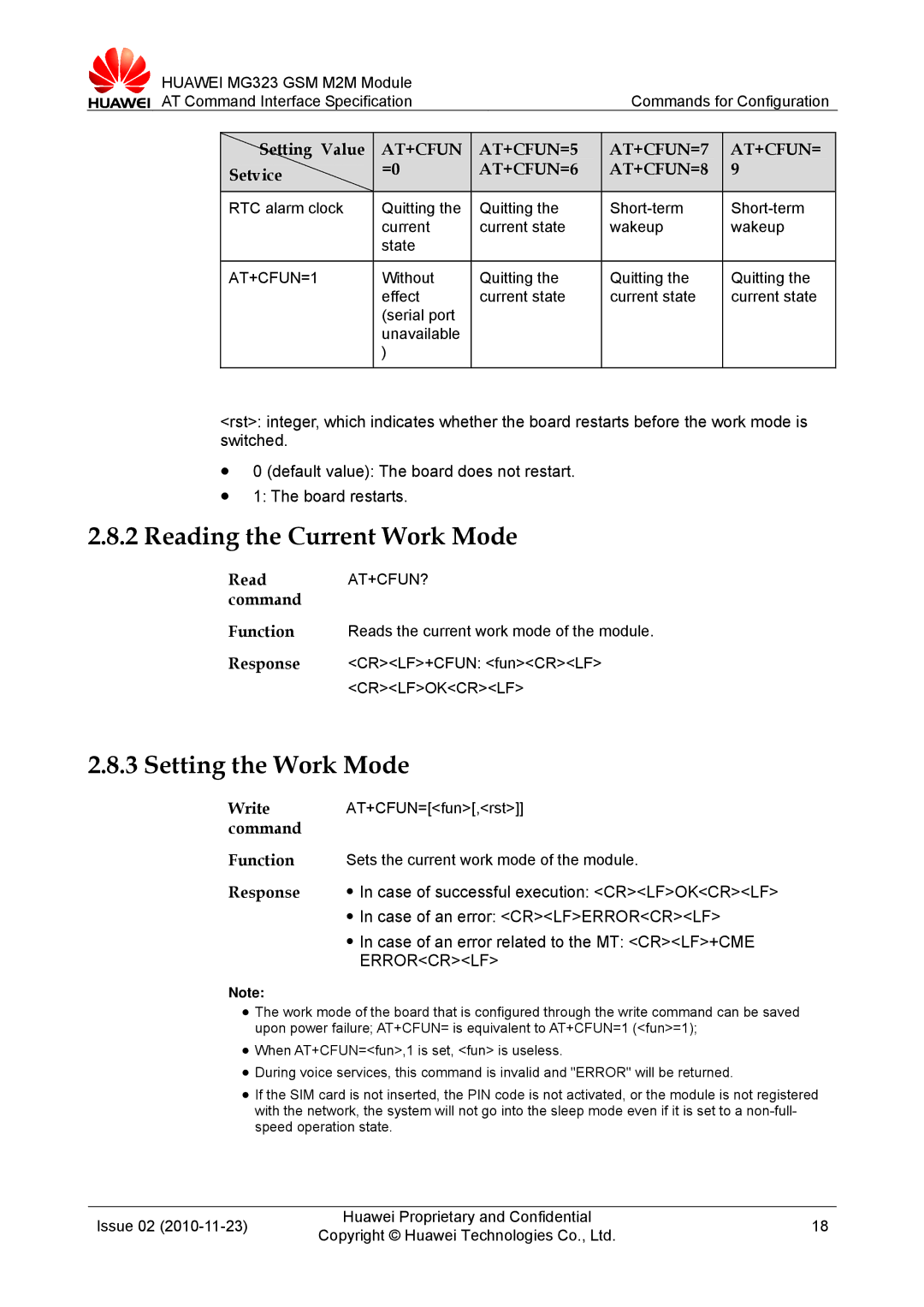 Huawei MG323 manual Reading the Current Work Mode, Setting the Work Mode, Read AT+CFUN? command, Write, AT+CFUN=1 