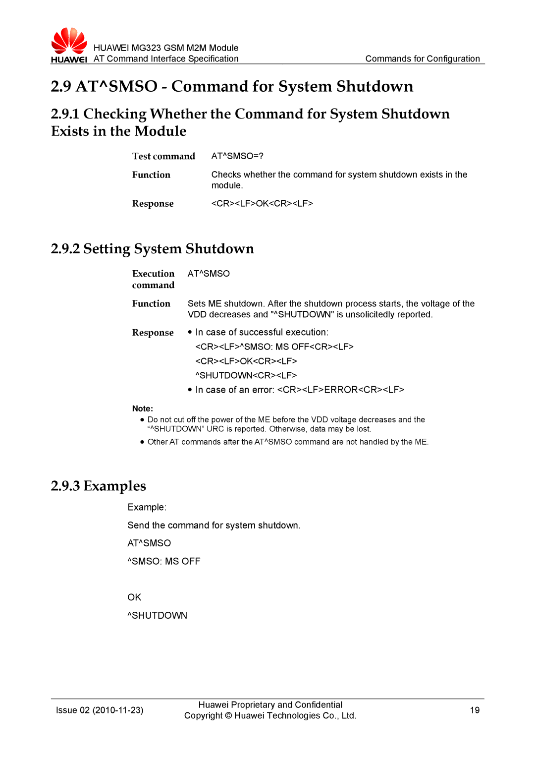 Huawei MG323 manual Atsmso Command for System Shutdown, Setting System Shutdown, Examples, Execution Atsmso command 