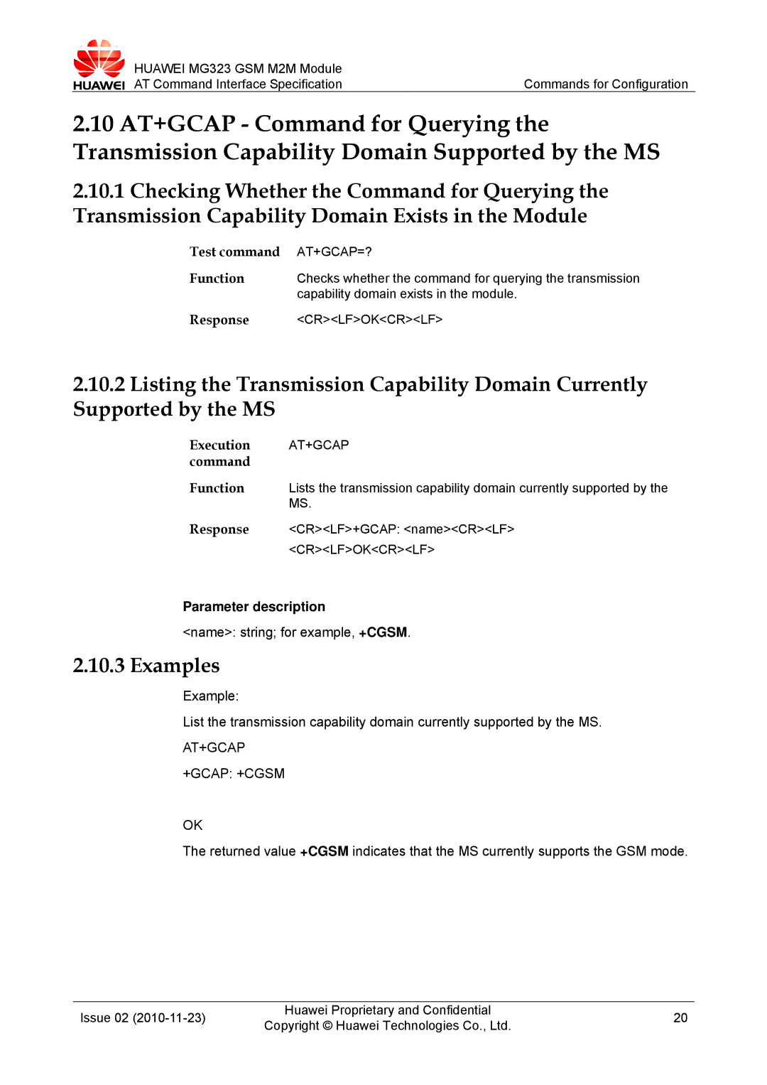 Huawei MG323 manual Execution AT+GCAP command, Name string for example, +CGSM, At+Gcap +Gcap +Cgsm, At+Gcap=? 