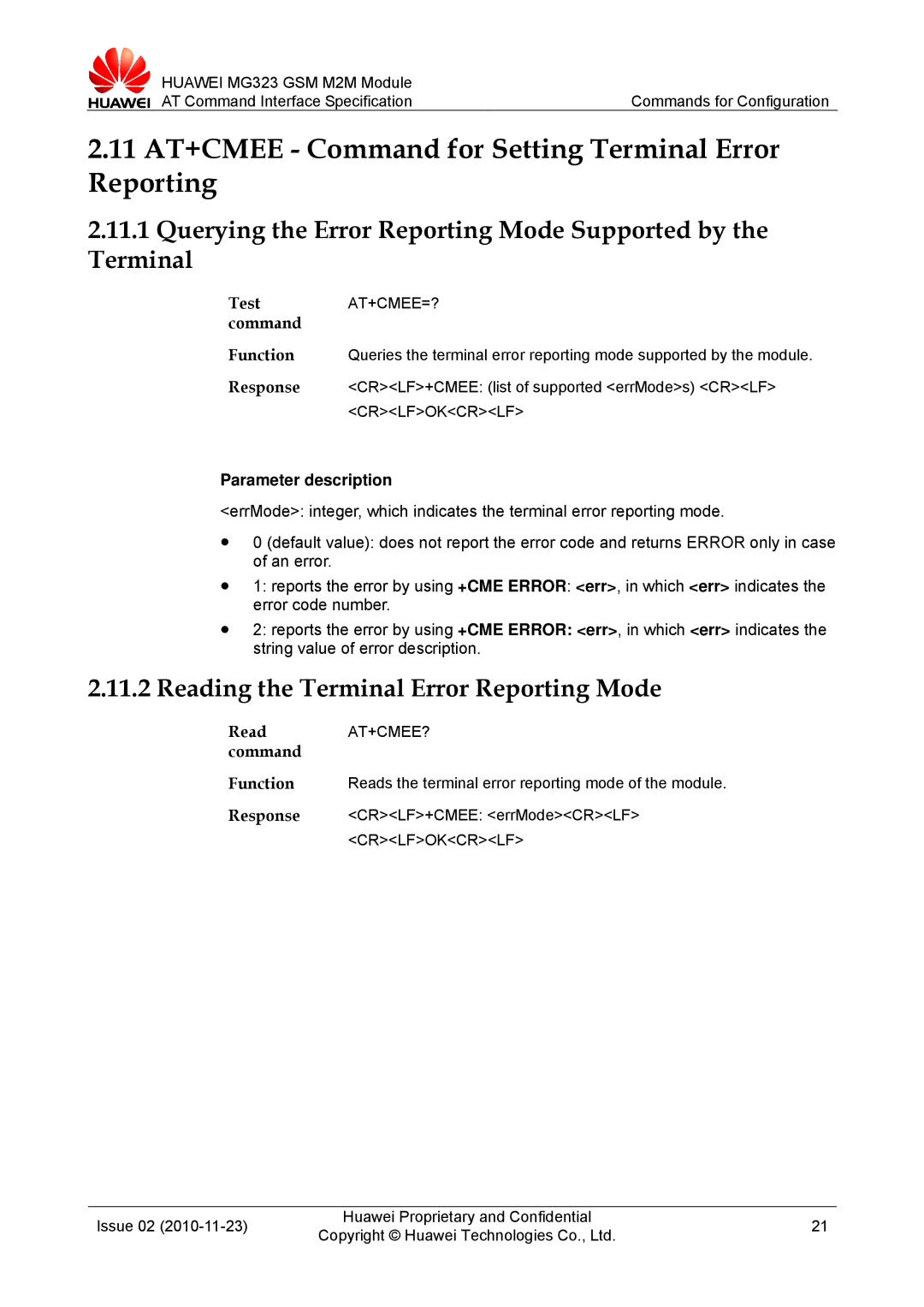 Huawei MG323 manual 11 AT+CMEE Command for Setting Terminal Error Reporting, Reading the Terminal Error Reporting Mode 