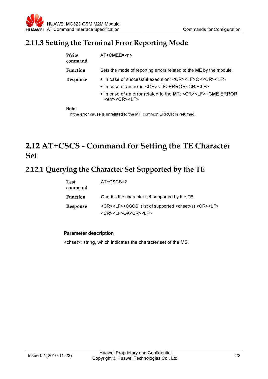 Huawei MG323 manual 12 AT+CSCS Command for Setting the TE Character, Setting the Terminal Error Reporting Mode 