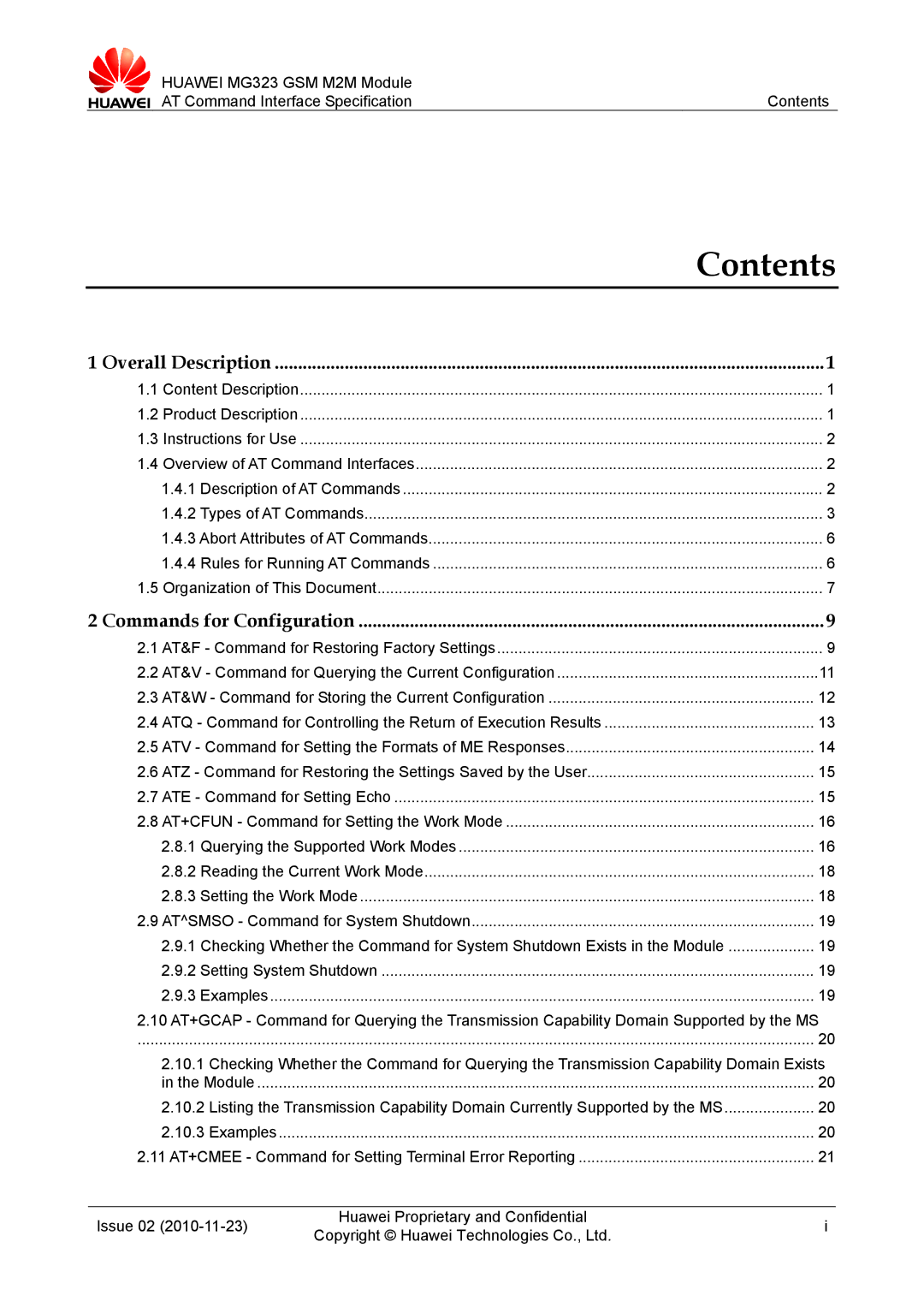 Huawei MG323 manual Contents 